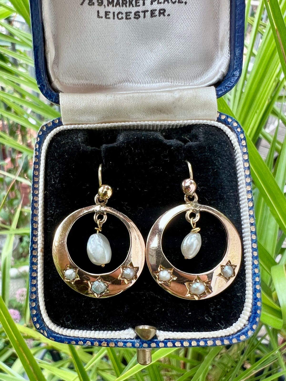 Victorian Star-set Pearl Gold Crescent Earrings