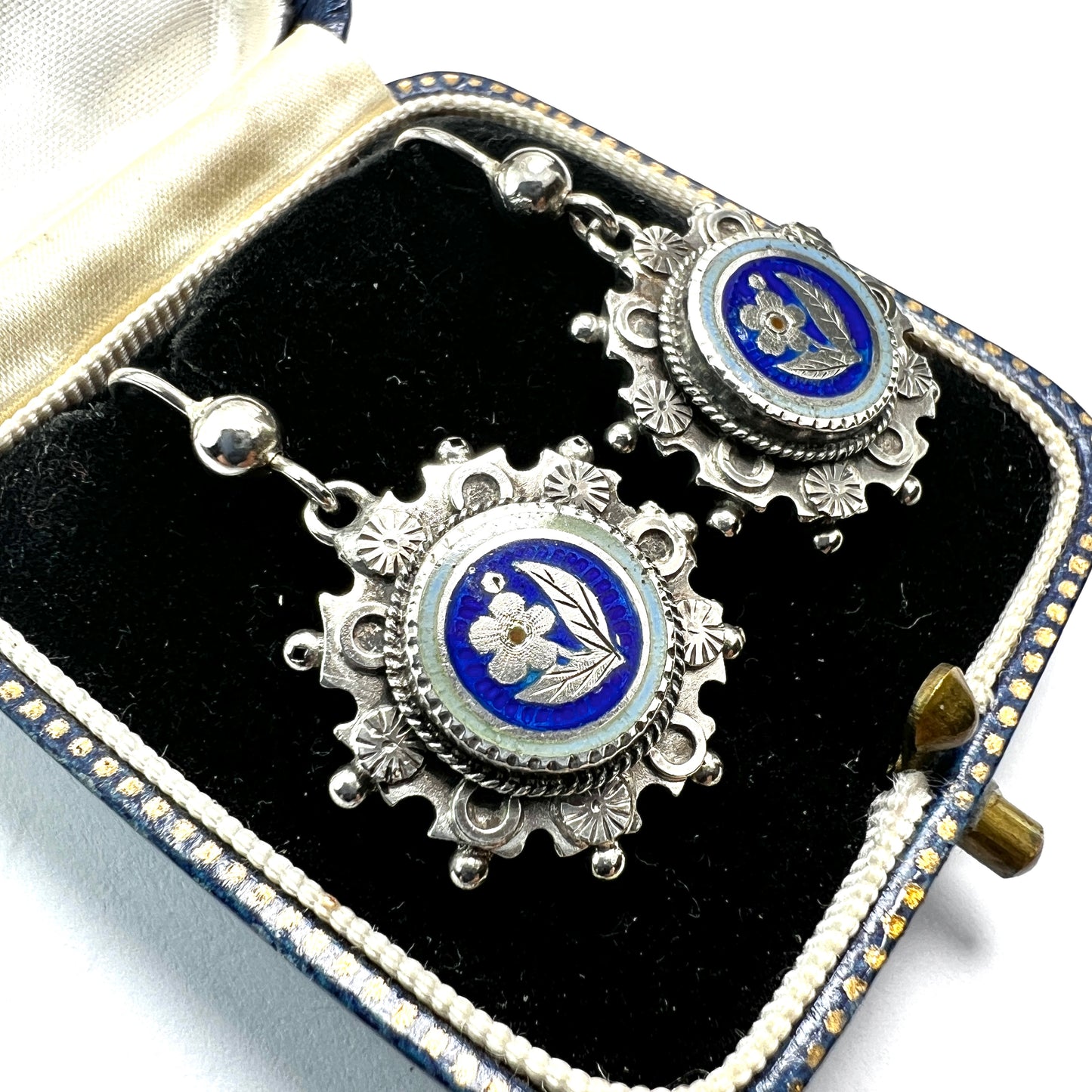 Victorian Silver Enamelled Forget Me Not Earrings