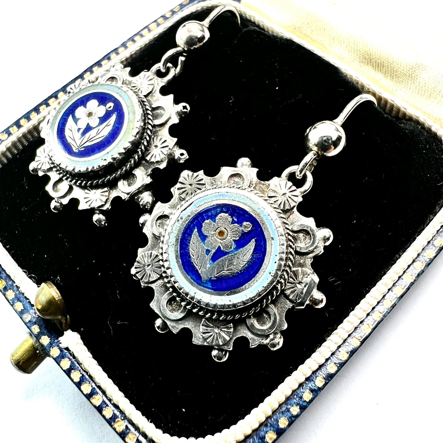 Victorian Silver Enamelled Forget Me Not Earrings