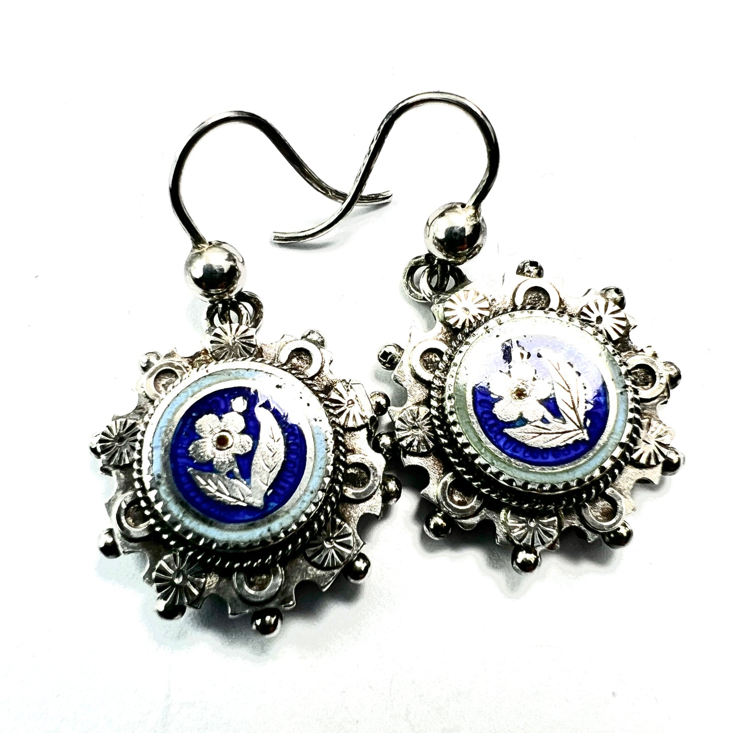 Victorian Silver Enamelled Forget Me Not Earrings