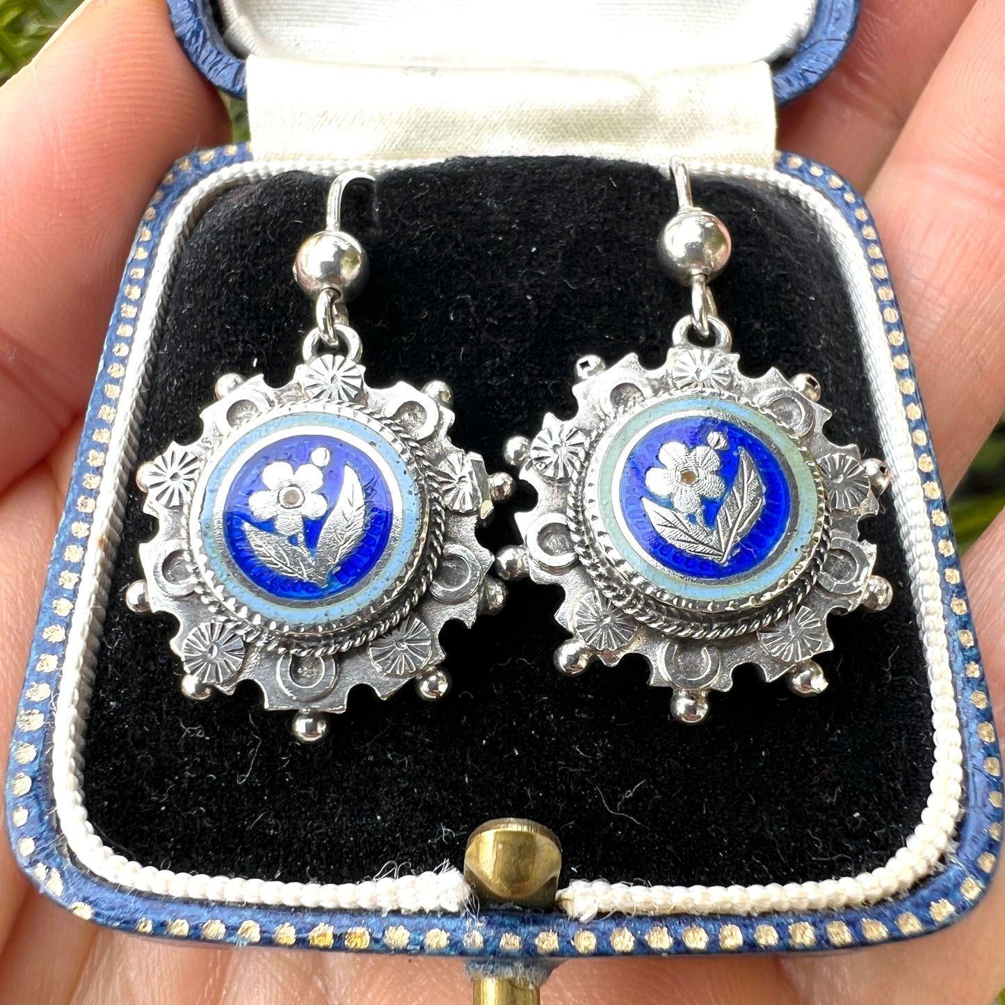 Victorian Silver Enamelled Forget Me Not Earrings