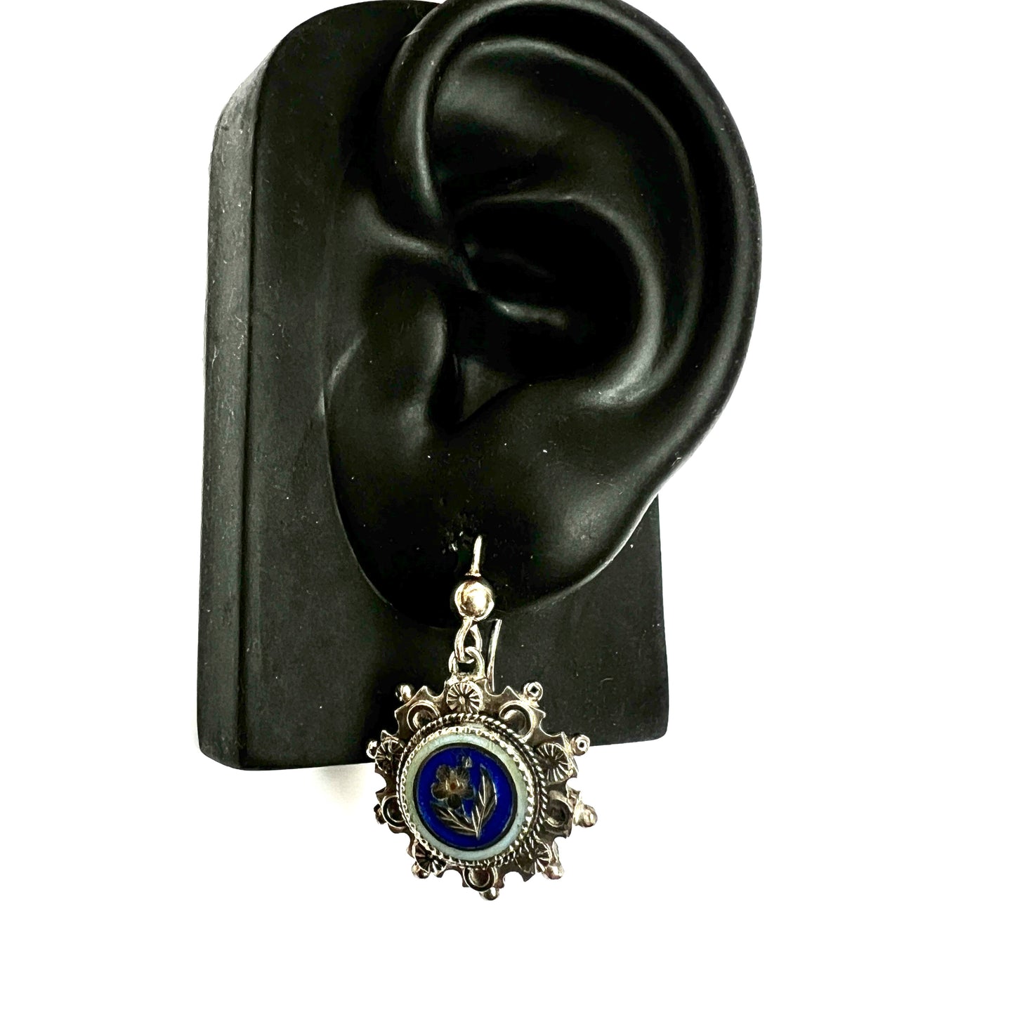 Victorian Silver Enamelled Forget Me Not Earrings