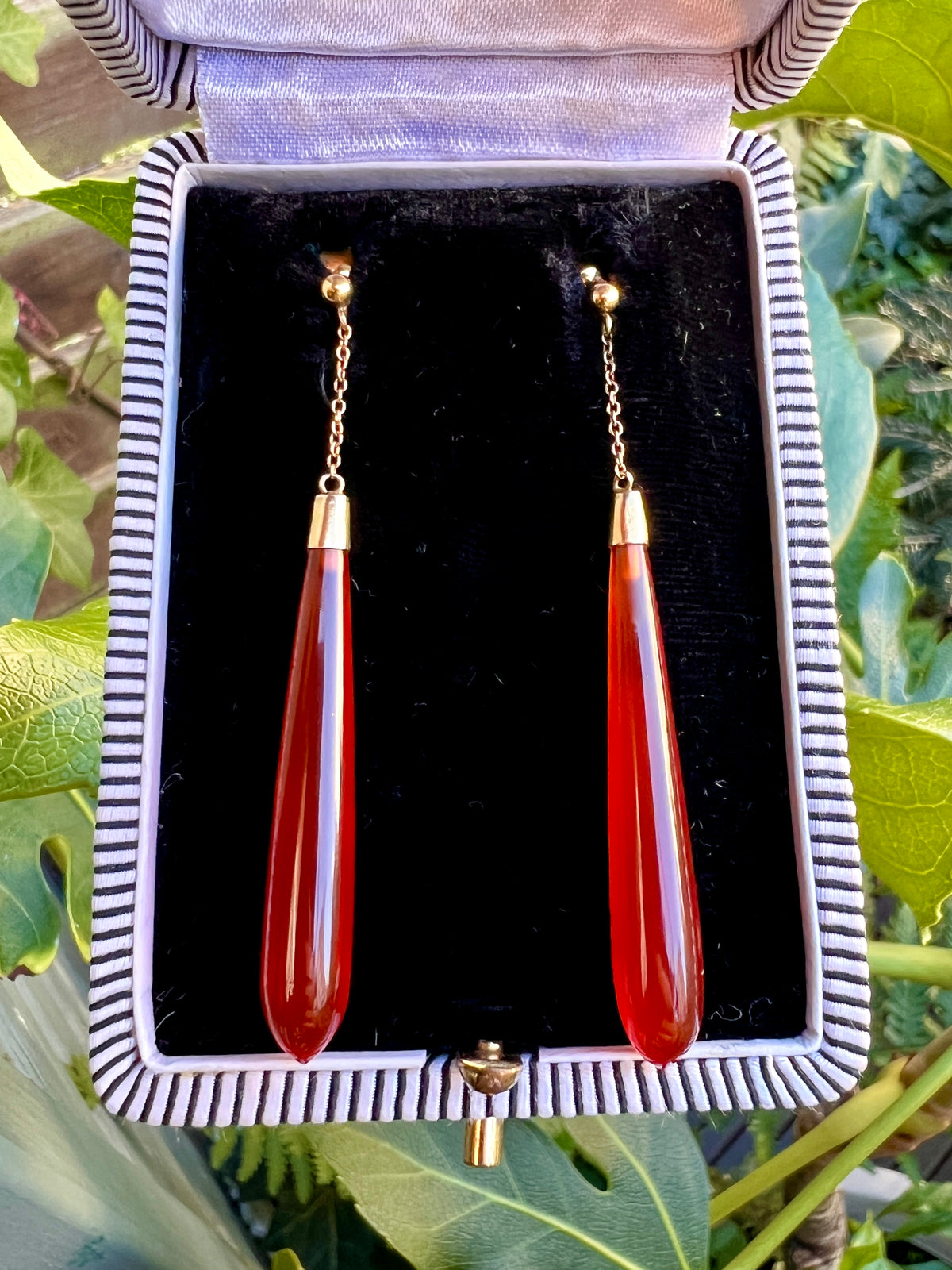 Long Edwardian Carnelian 9CT Gold Chain Teardrop Earrings