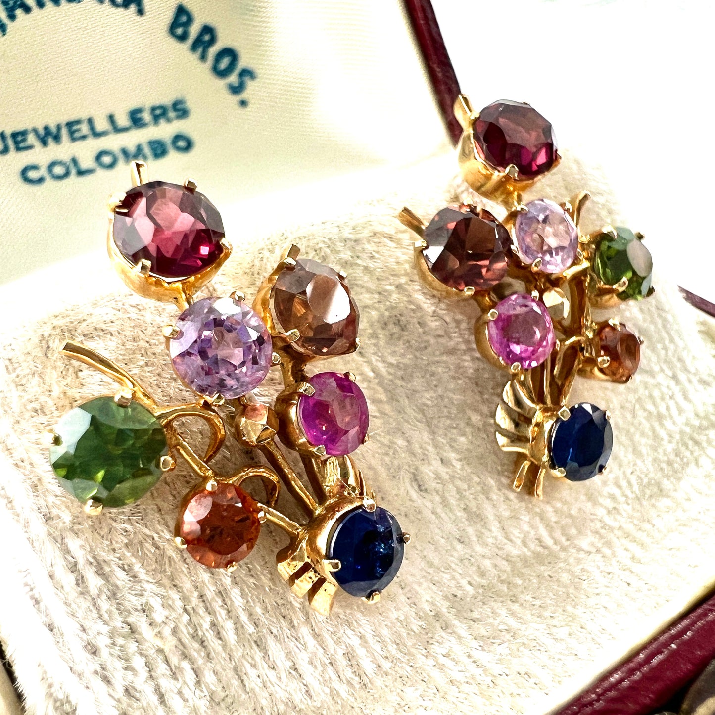 Vintage Gold Sri Lankan Tutti Frutti Gemstone Earrings