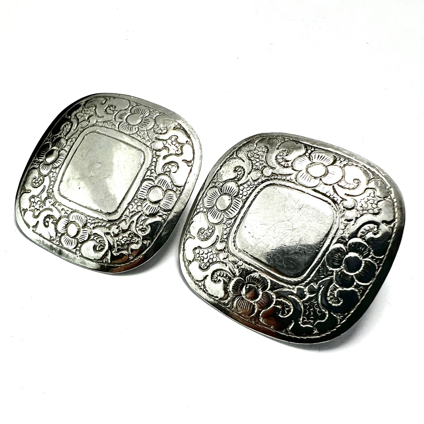 Huge Vintage Silver Floral Stud Earrings