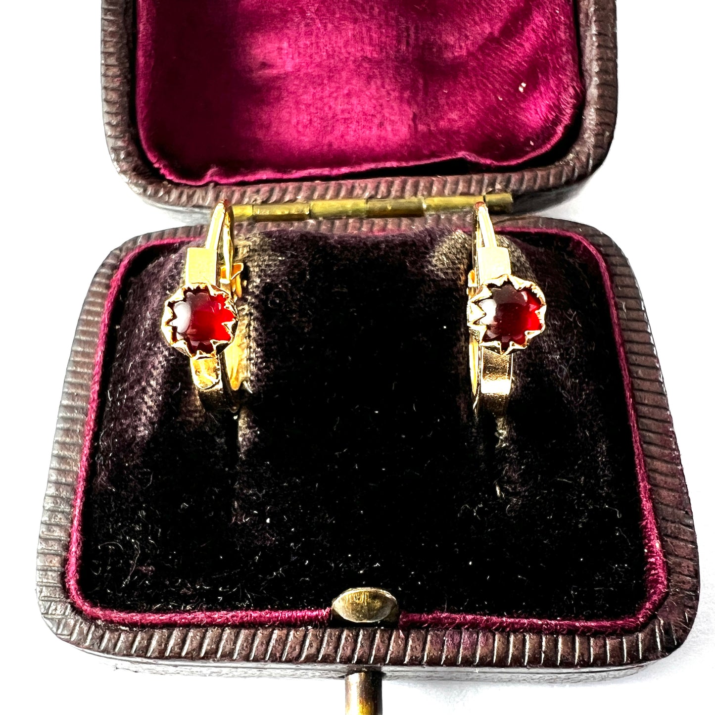 Vintage 18CT Gold Red Paste Hoop Earrings