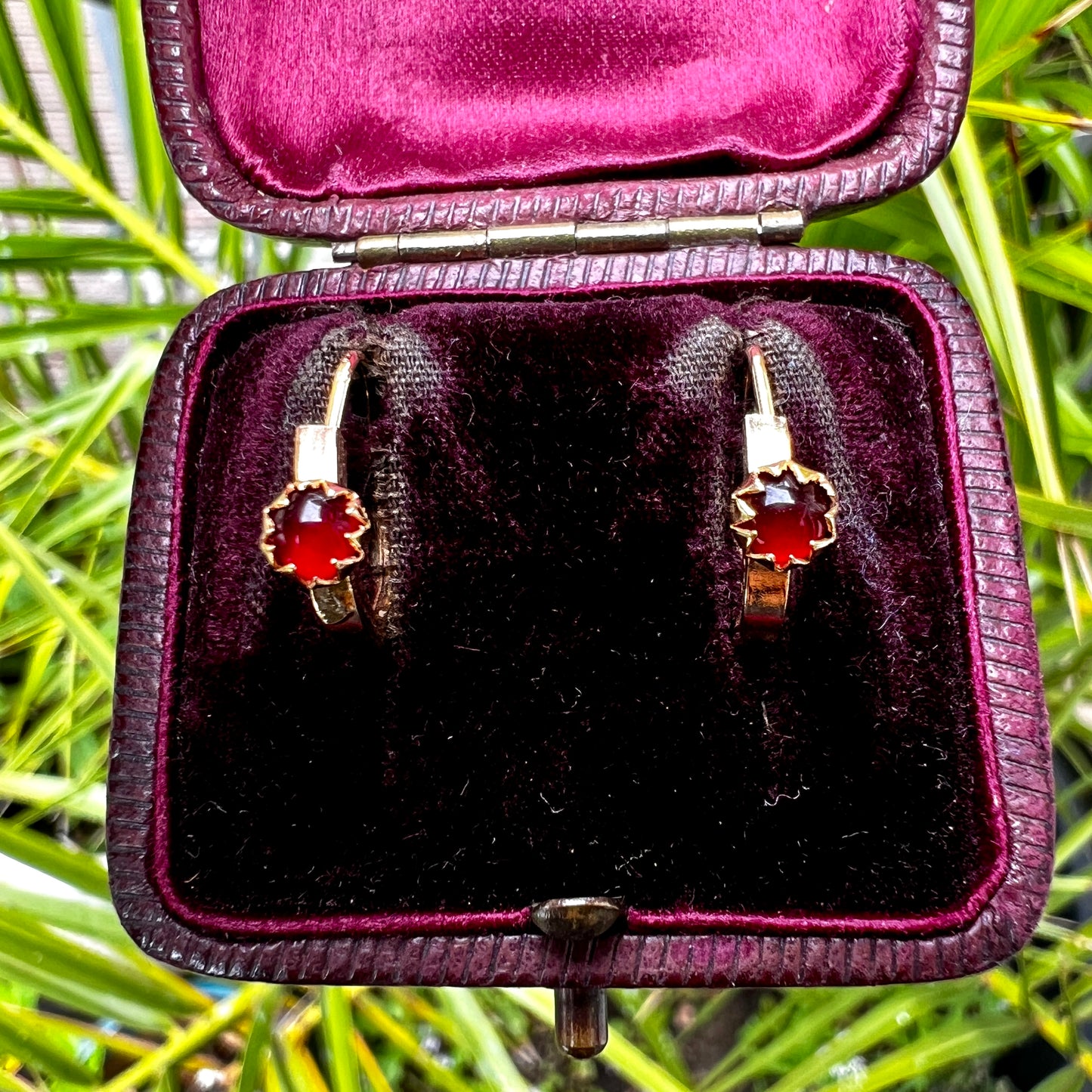 Vintage 18CT Gold Red Paste Hoop Earrings
