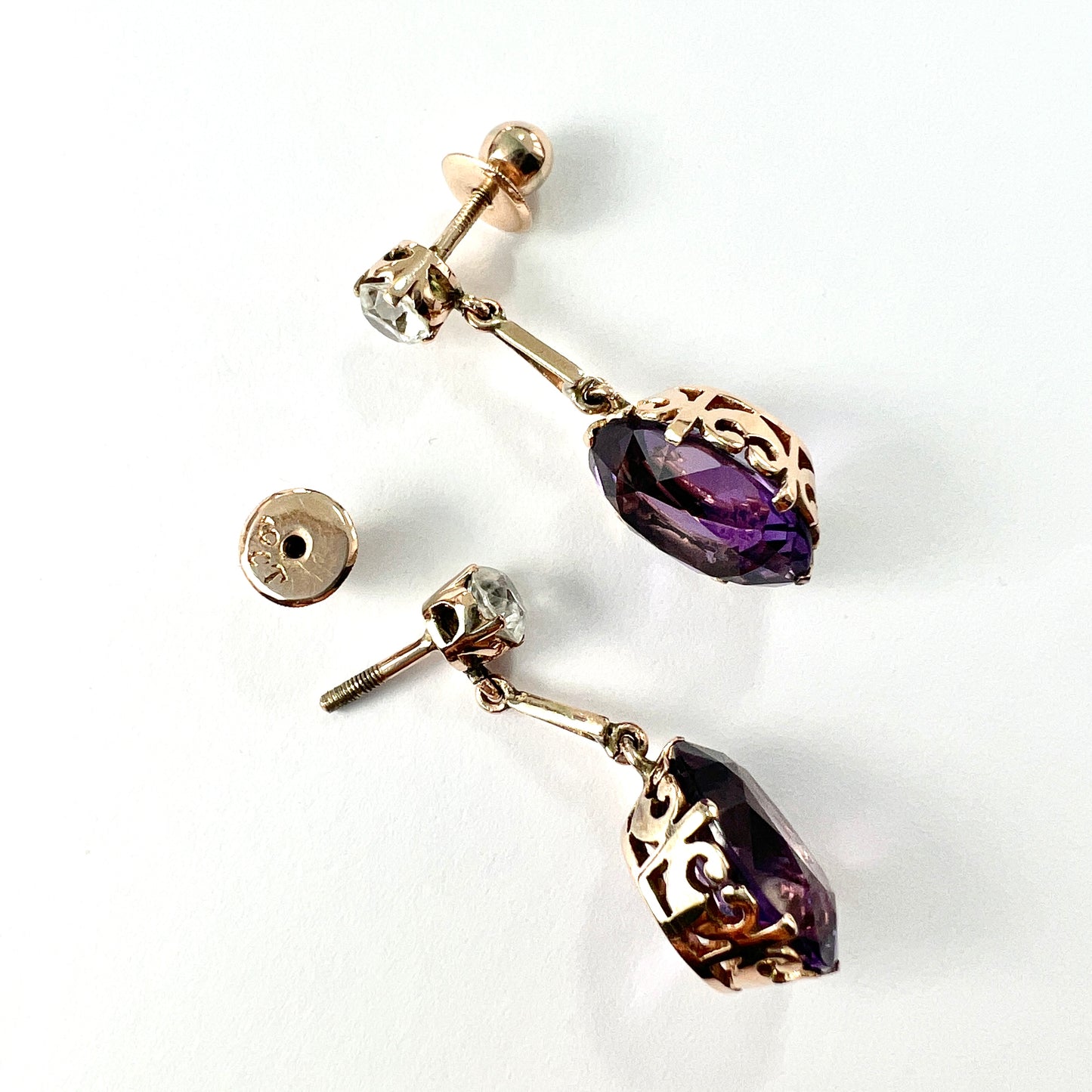 Antique Amethyst and Zircon 9CT Gold Drop Earrings
