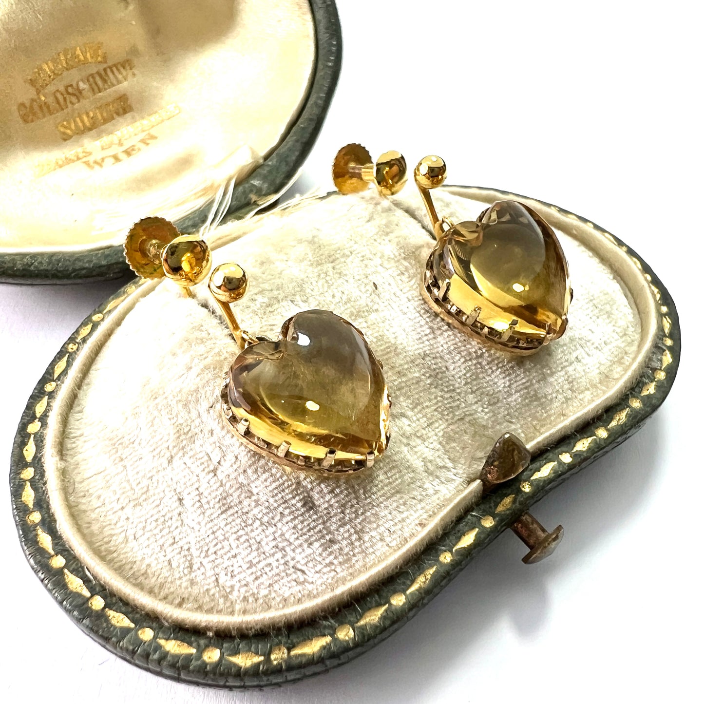 Victorian 9CT Gold Citrine Heart Screwback Earrings