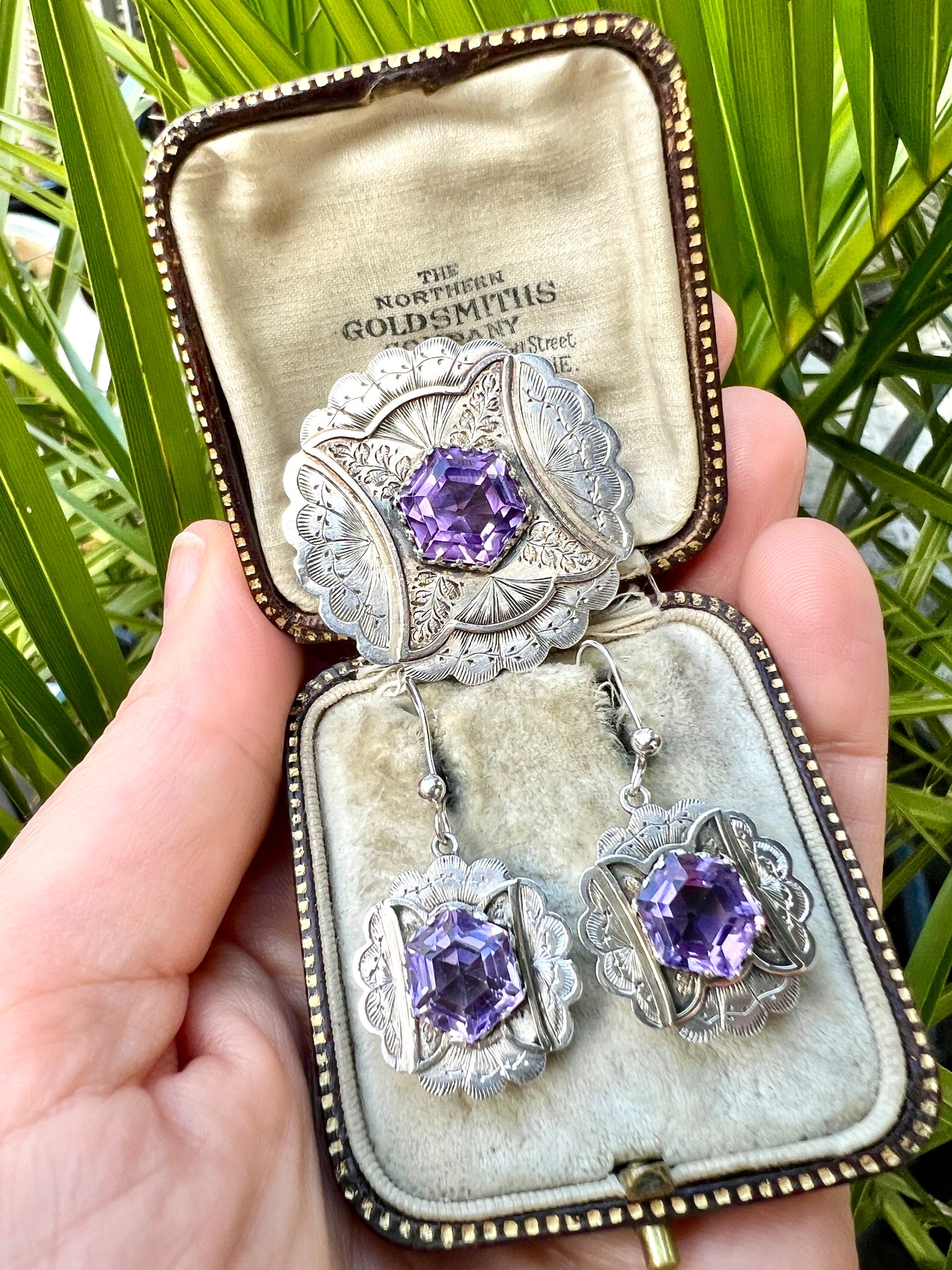 Victorian Amethyst Silver Earrings and Brooch