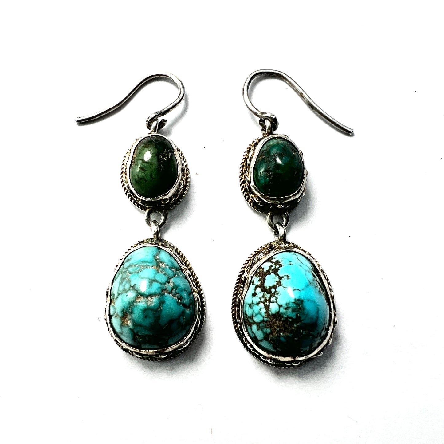 Antique Arts and Crafts Turquoise Silver Parure: Earrings, Ring, Necklace Set