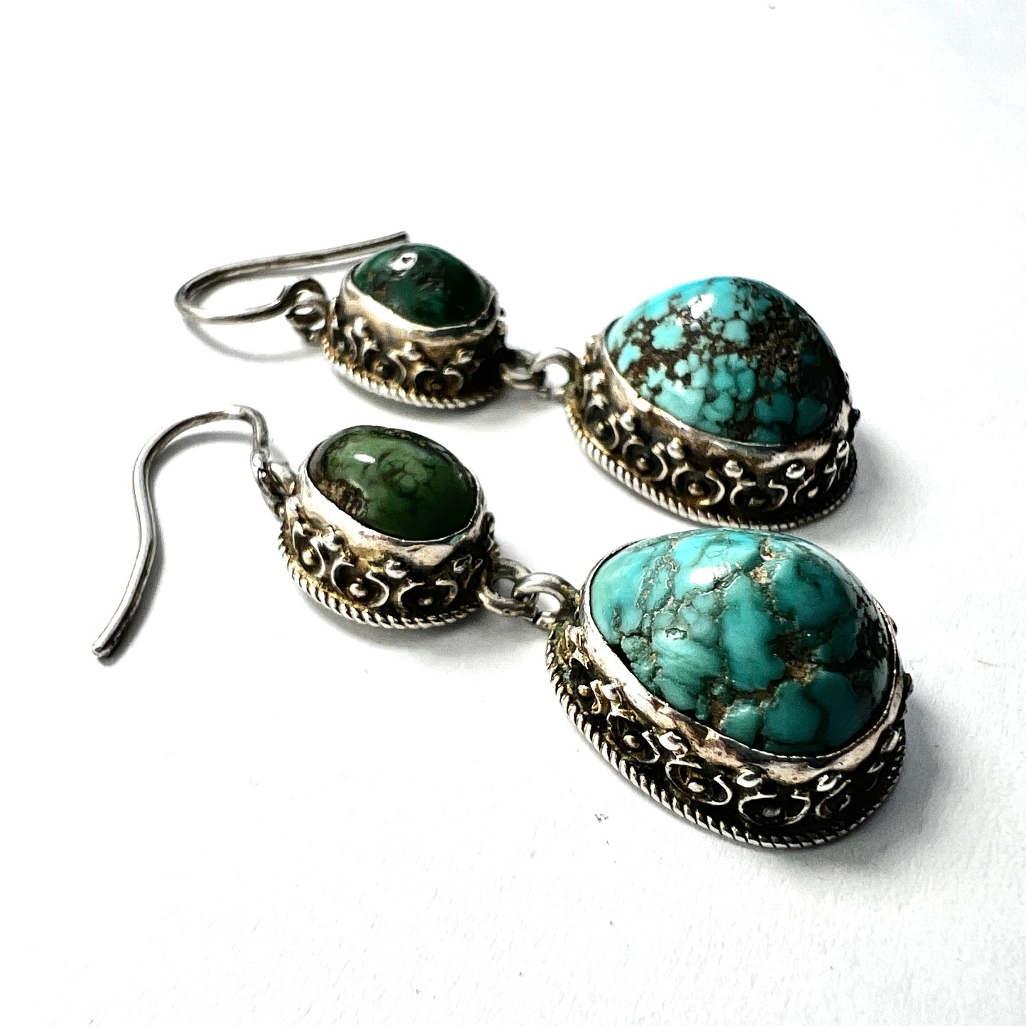 Antique Arts and Crafts Turquoise Silver Parure: Earrings, Ring, Necklace Set