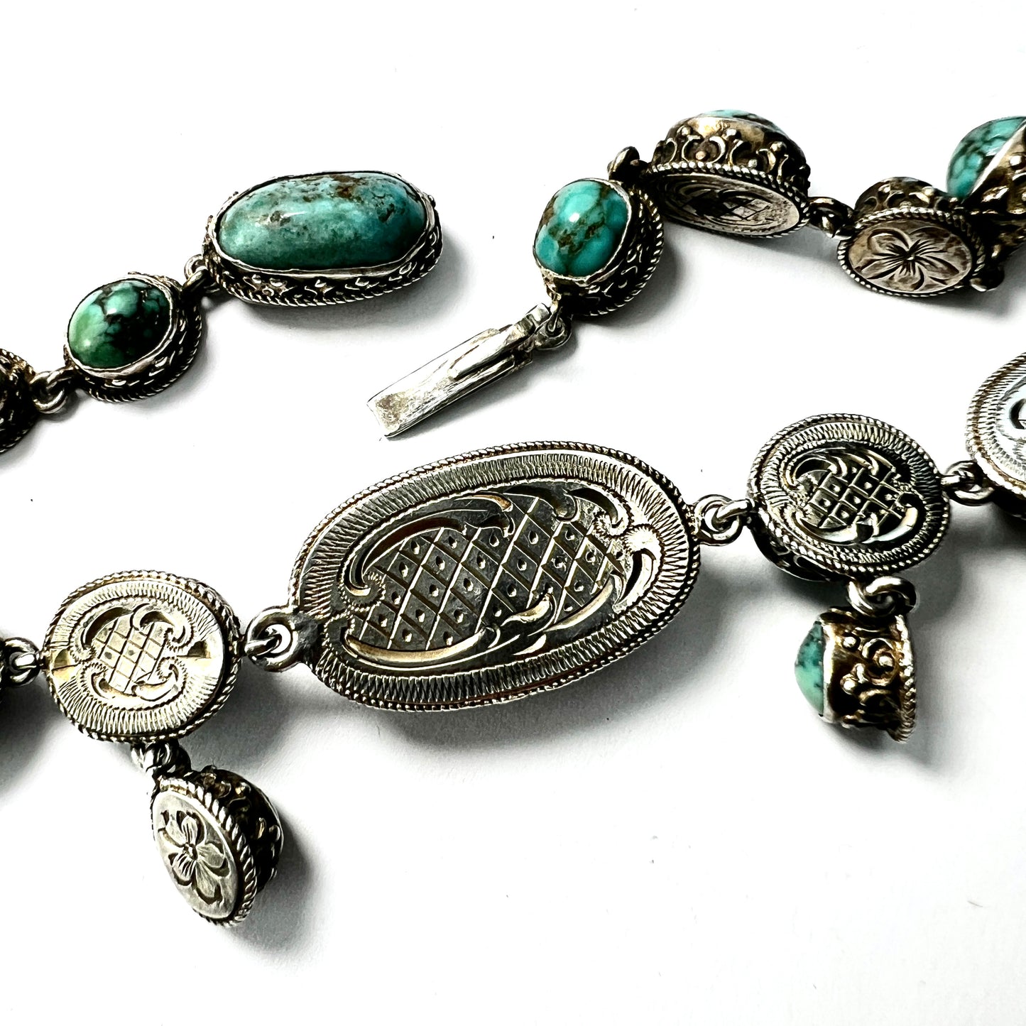 Antique Arts and Crafts Turquoise Silver Parure: Earrings, Ring, Necklace Set