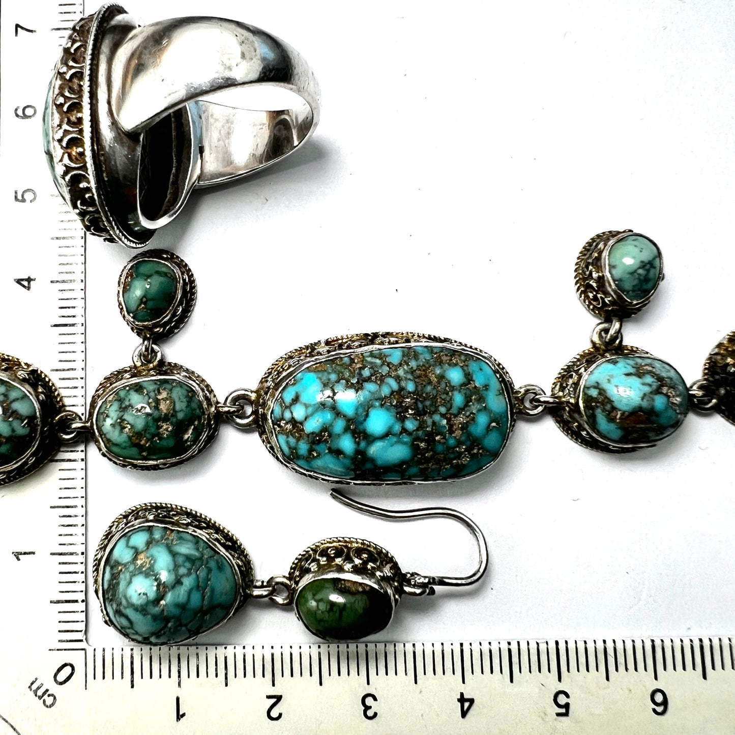 Antique Arts and Crafts Turquoise Silver Parure: Earrings, Ring, Necklace Set
