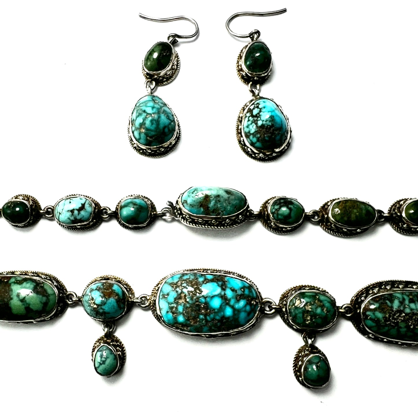 Antique Arts and Crafts Turquoise Silver Parure: Earrings, Ring, Necklace Set