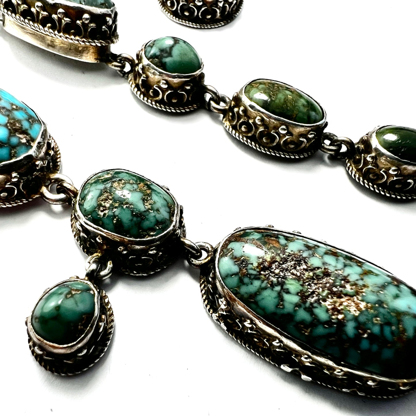 Antique Arts and Crafts Turquoise Silver Parure: Earrings, Ring, Necklace Set