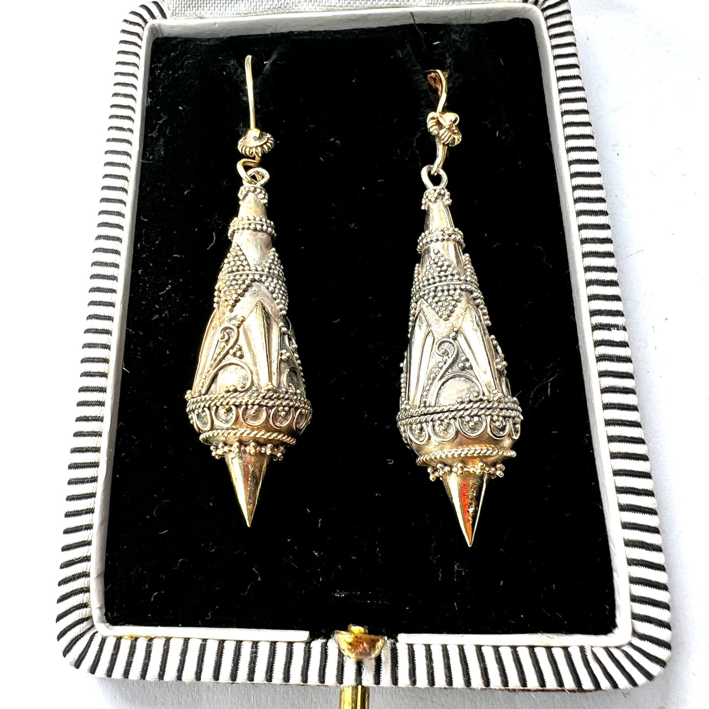 Victorian Silver Gilt Etruscan Torpedo Earrings