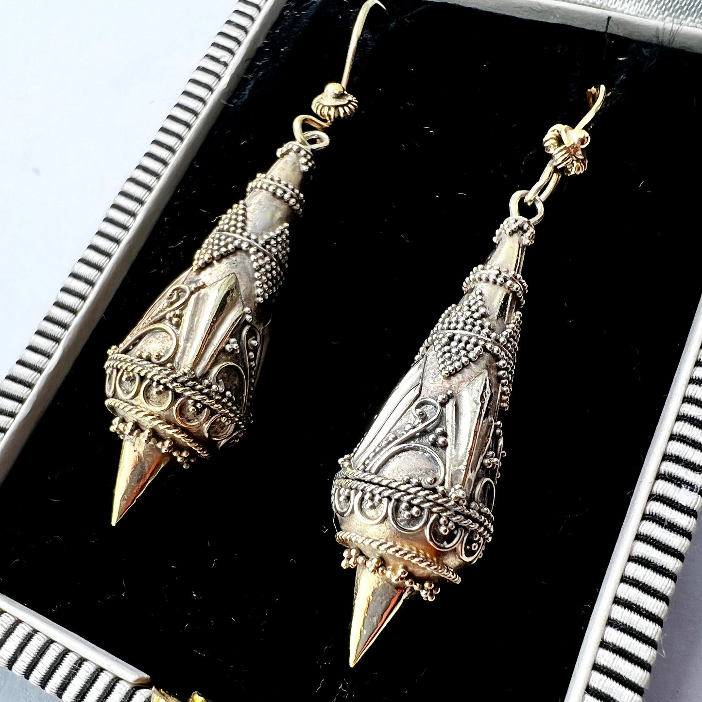 Victorian Silver Gilt Etruscan Torpedo Earrings