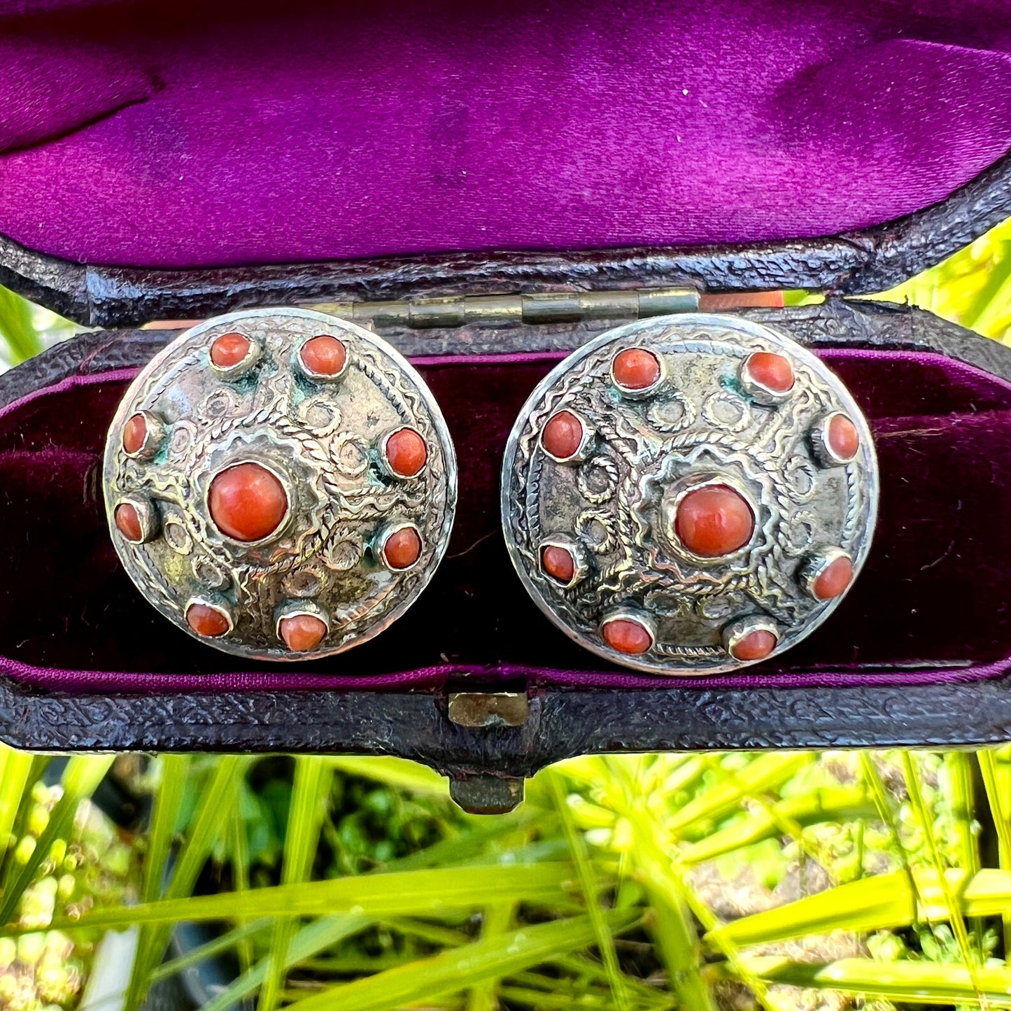 Vintage Nepali Coral and Silver Dome Clip Earrings