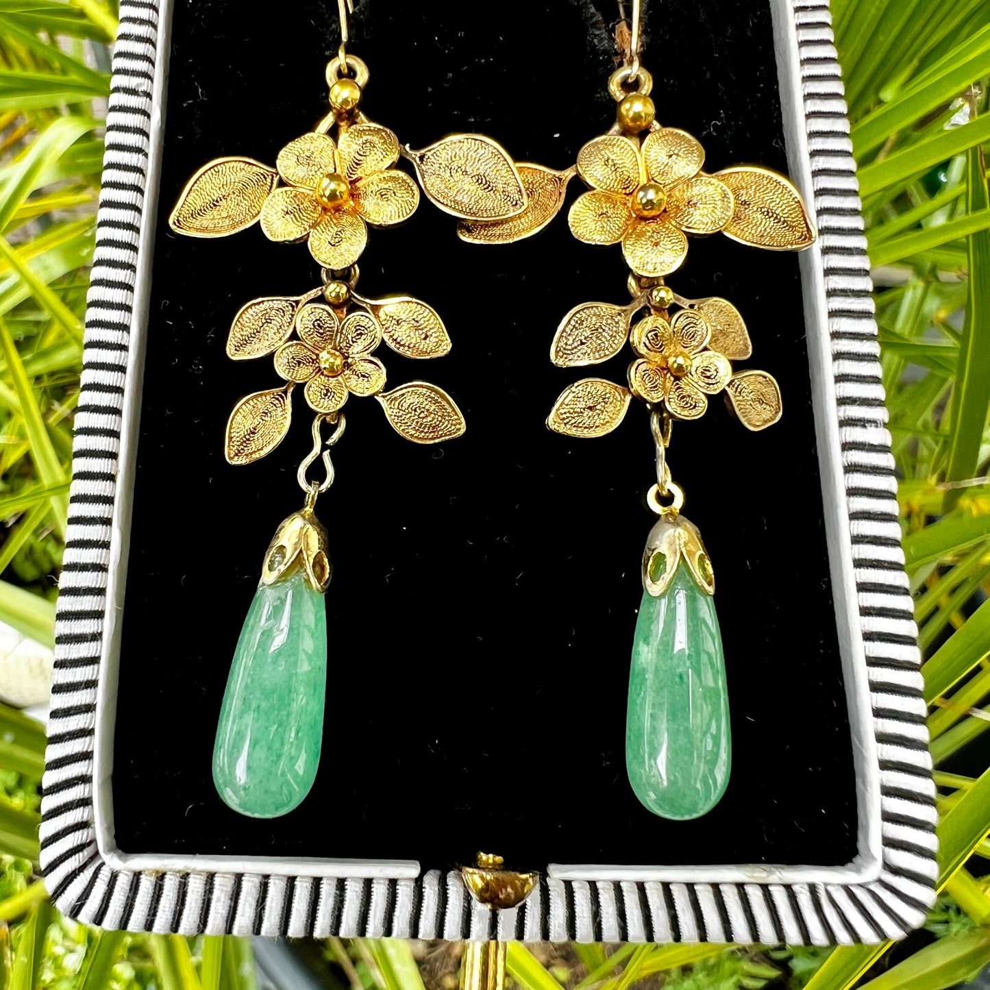 RESERVED for SL • Antique Aventurine Gilt Filigree Chandelier Earrings