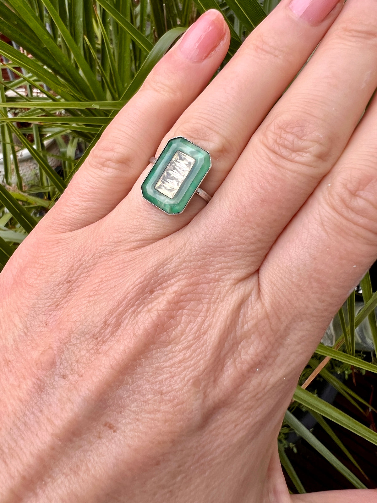 Antique Art Deco Jade Glass Silver Earrings and Ring