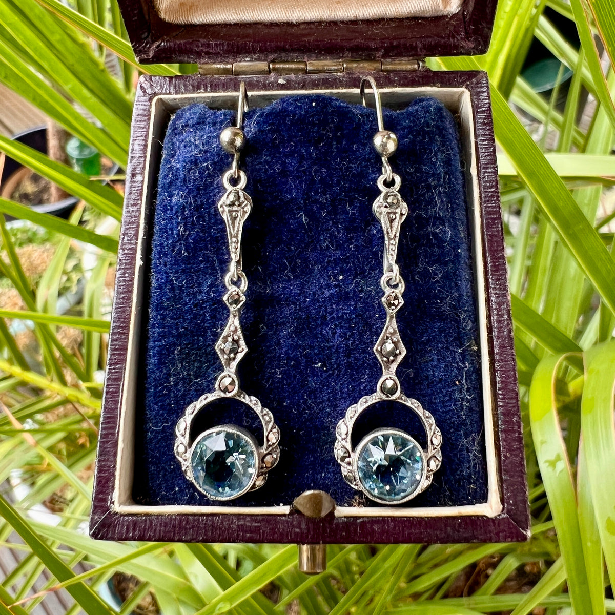 Edwardian Silver Topaz Paste Marcasite Earrings