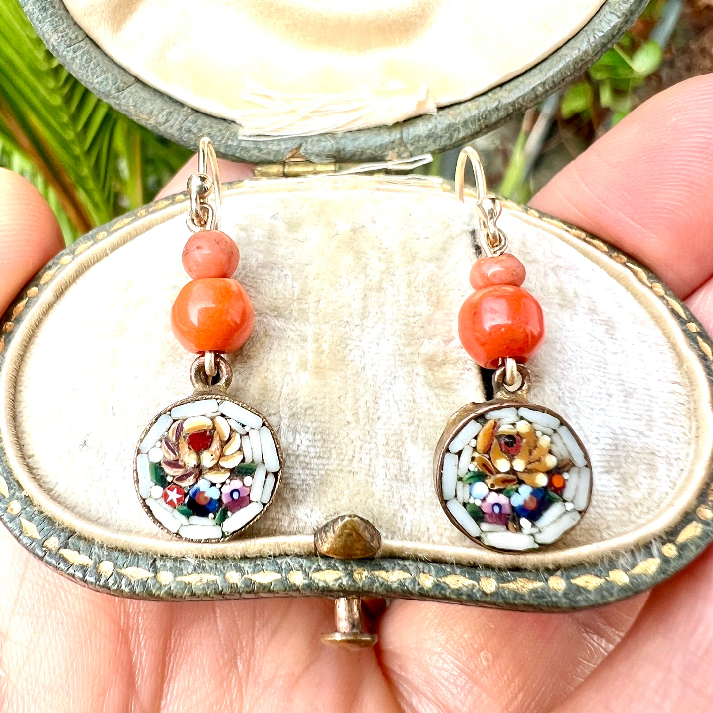Antique Coral Micromosaic Earrings on 9CT Gold Wires