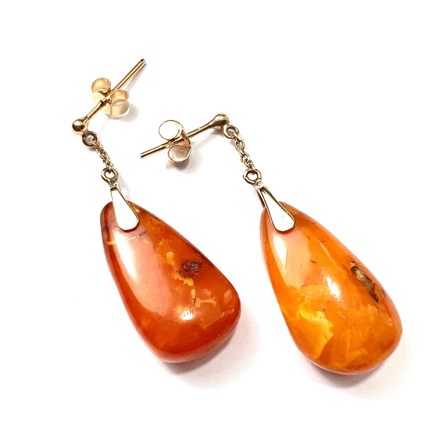 Antique Edwardian Amber Teardrop Earrings in 9CT Gold