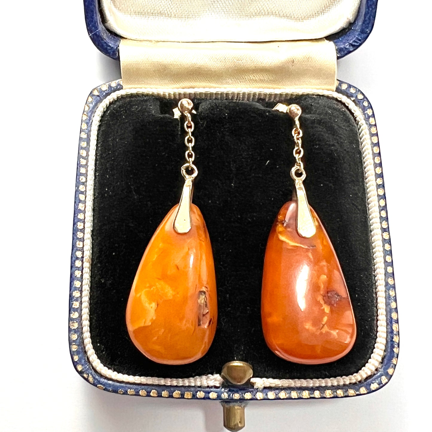 Antique Edwardian Amber Teardrop Earrings in 9CT Gold