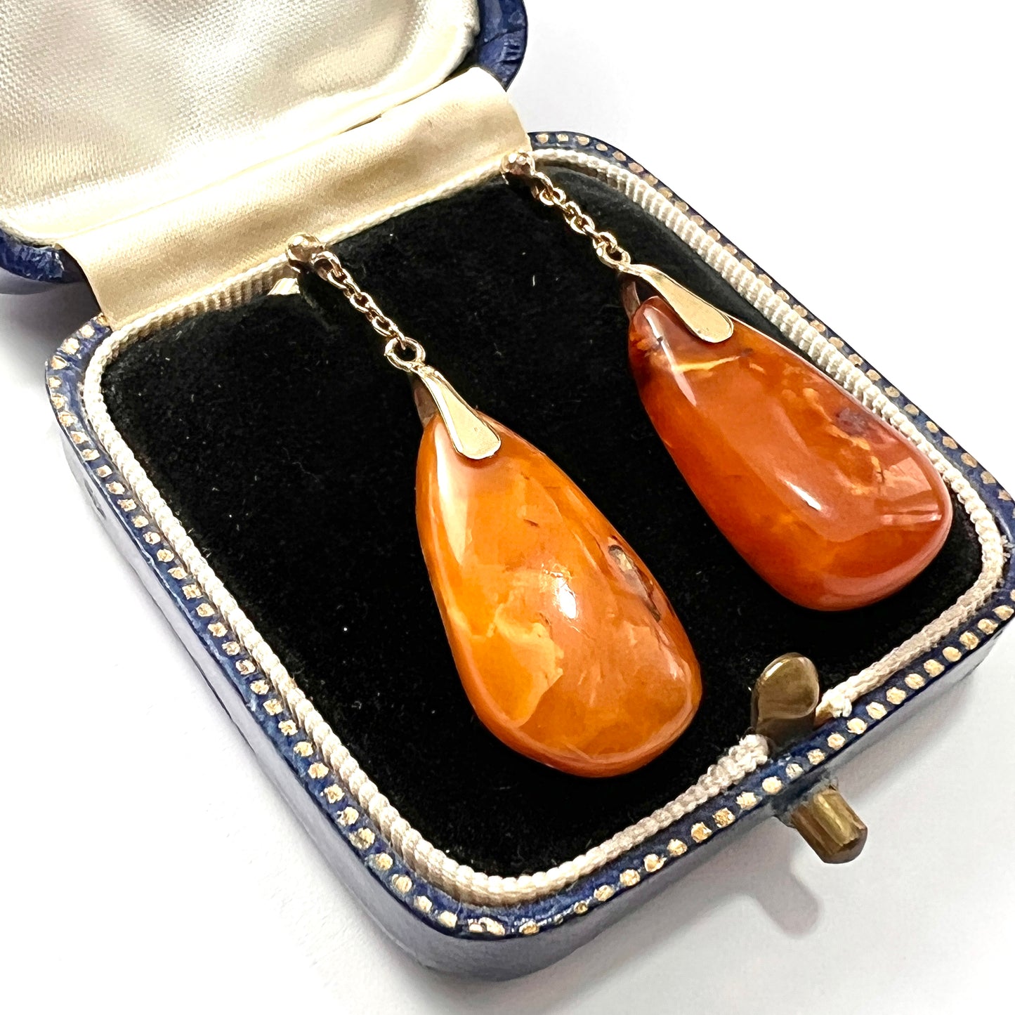 Antique Edwardian Amber Teardrop Earrings in 9CT Gold