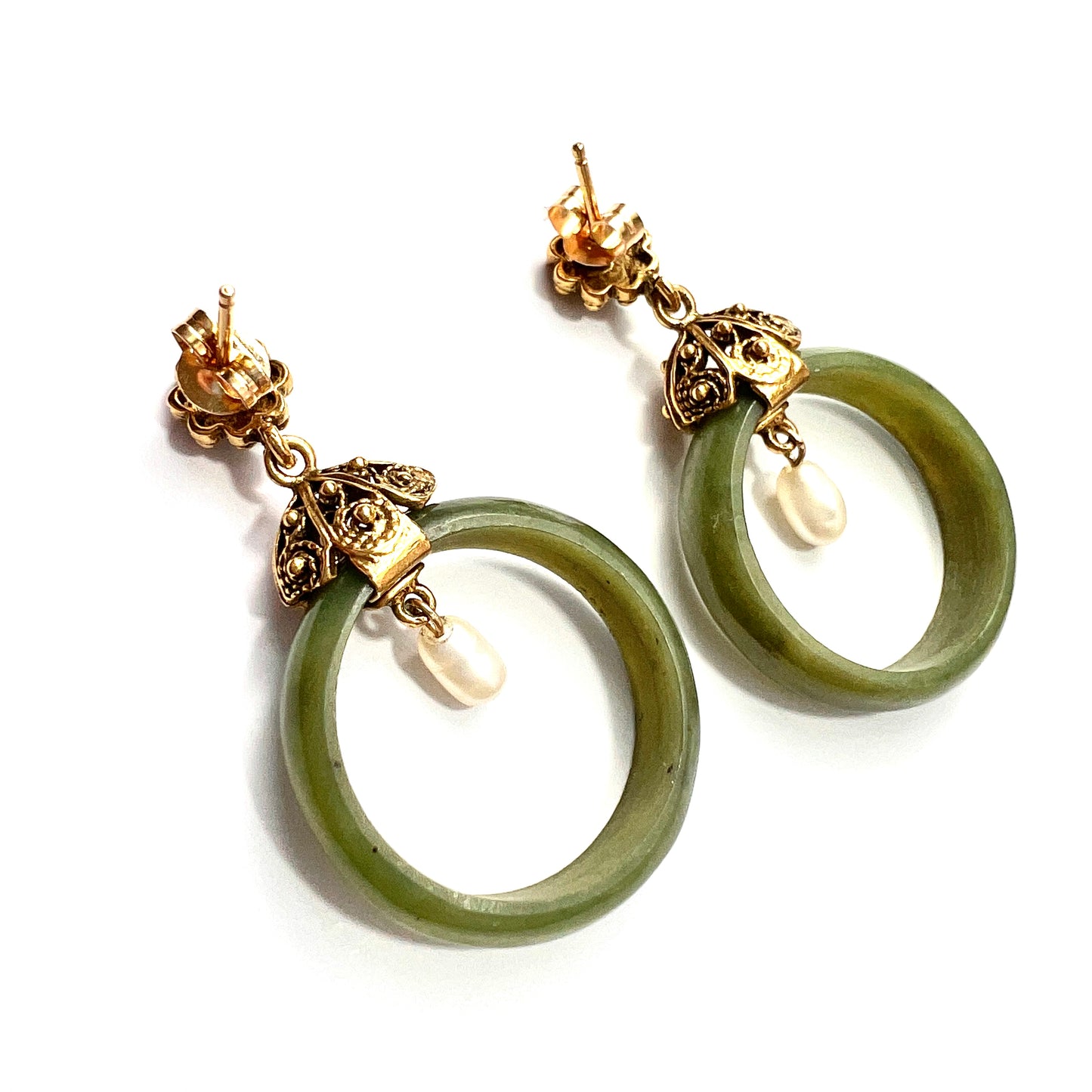 Vintage 14CT Gold Freshwater Pearl Jade Hoop Earrings
