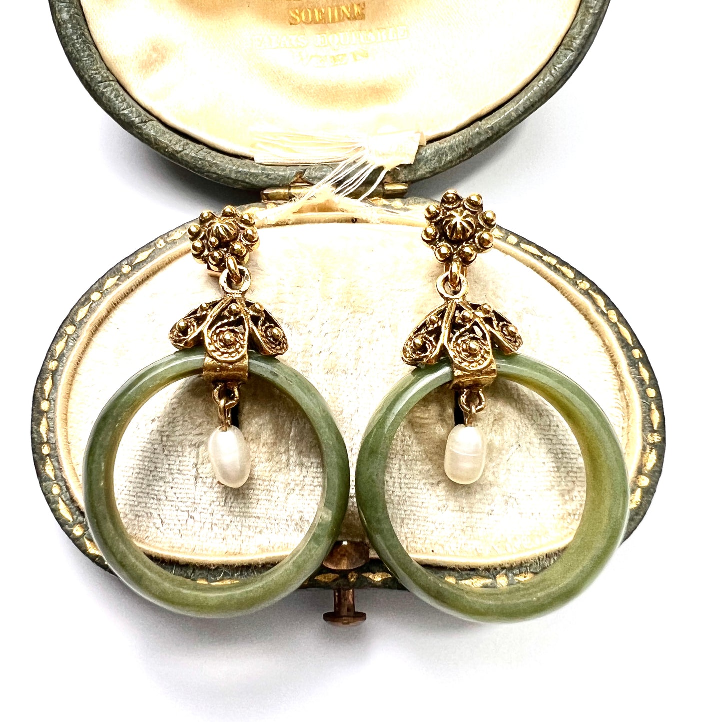 Vintage 14CT Gold Freshwater Pearl Jade Hoop Earrings