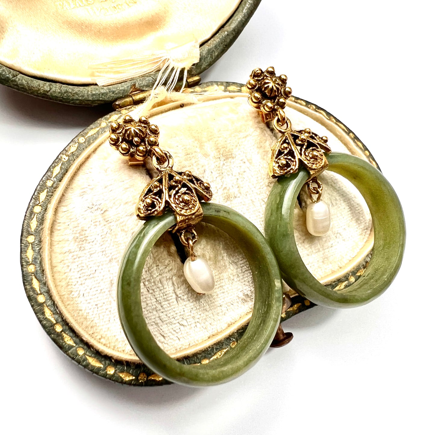 Vintage 14CT Gold Freshwater Pearl Jade Hoop Earrings