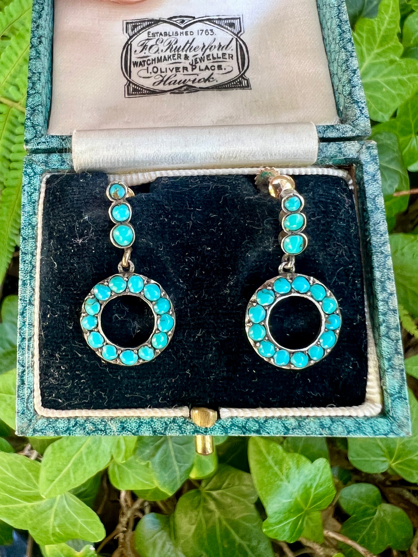Victorian Gold and Silver Turquoise Dangling Hoop Earrings