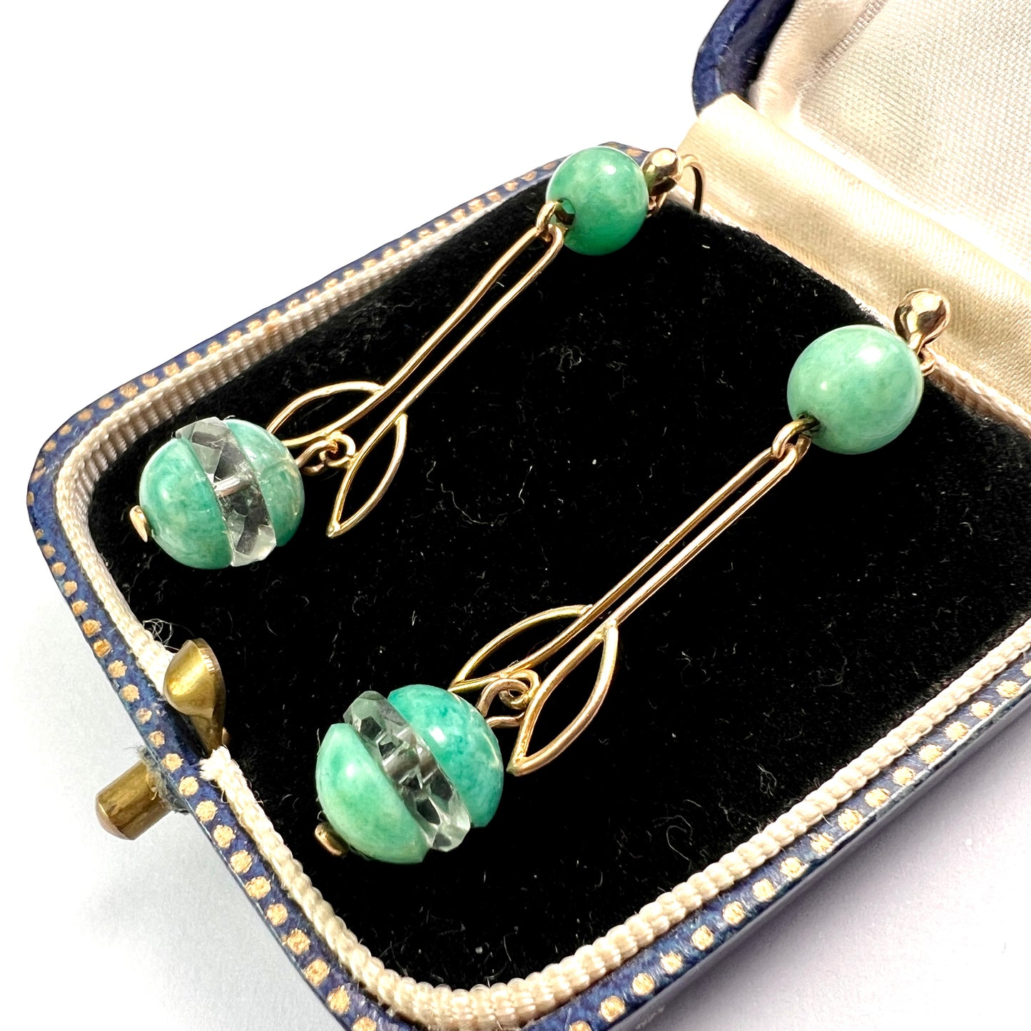 Art Deco Gold Aqua Crystal Egg Earrings