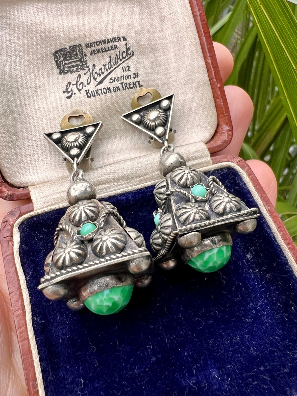 Vintage Turquoise Jade Glass Pyramid Clip Earrings