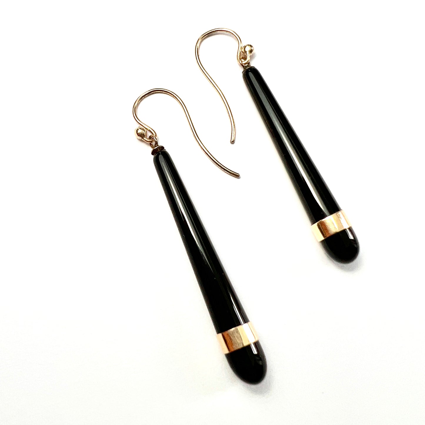 Edwardian Rose Gold-Banded Onyx Drop Earrings
