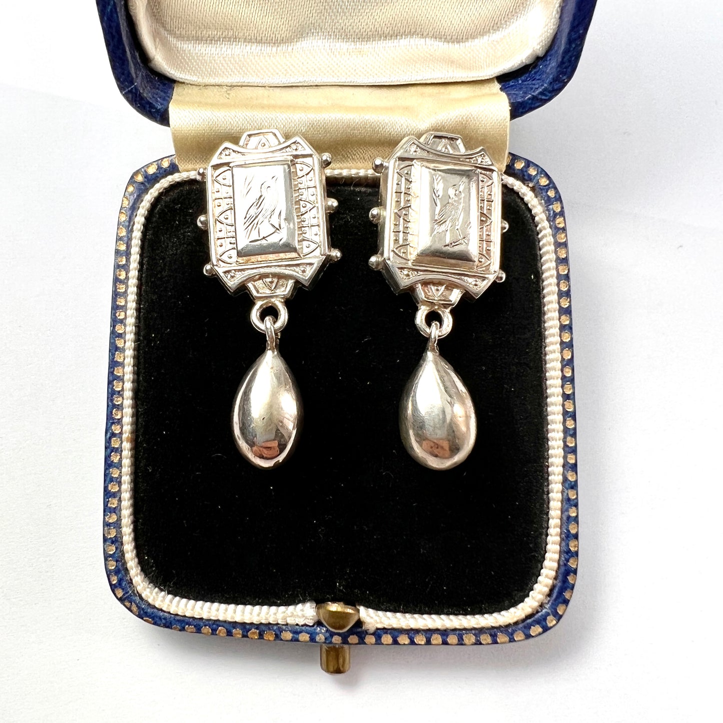 Rare Victorian Aesthetic Period Silver Bird Earrings with Teardrops