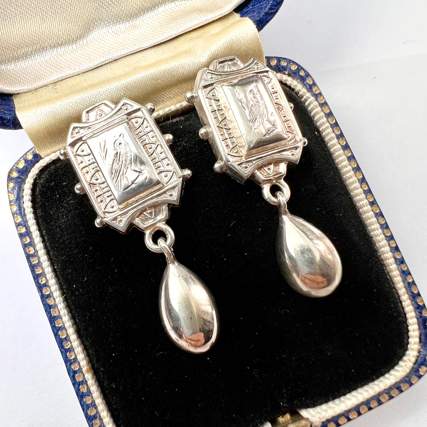 Rare Victorian Aesthetic Period Silver Bird Earrings with Teardrops