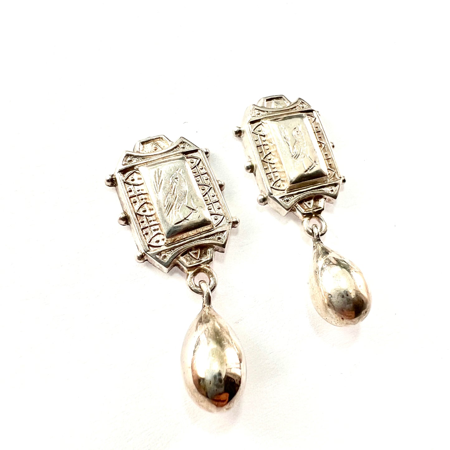 Rare Victorian Aesthetic Period Silver Bird Earrings with Teardrops