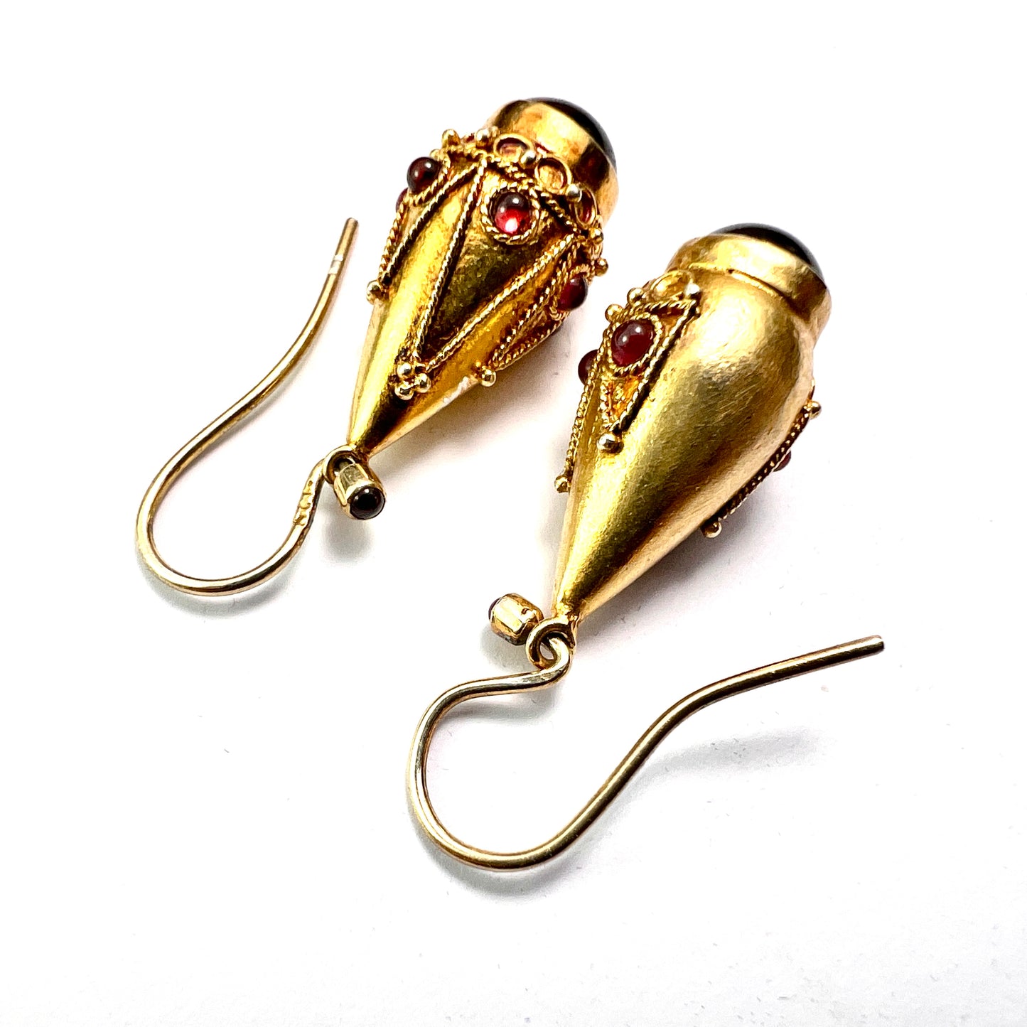 Victorian Garnet Etruscan Golden Teardrop Earrings