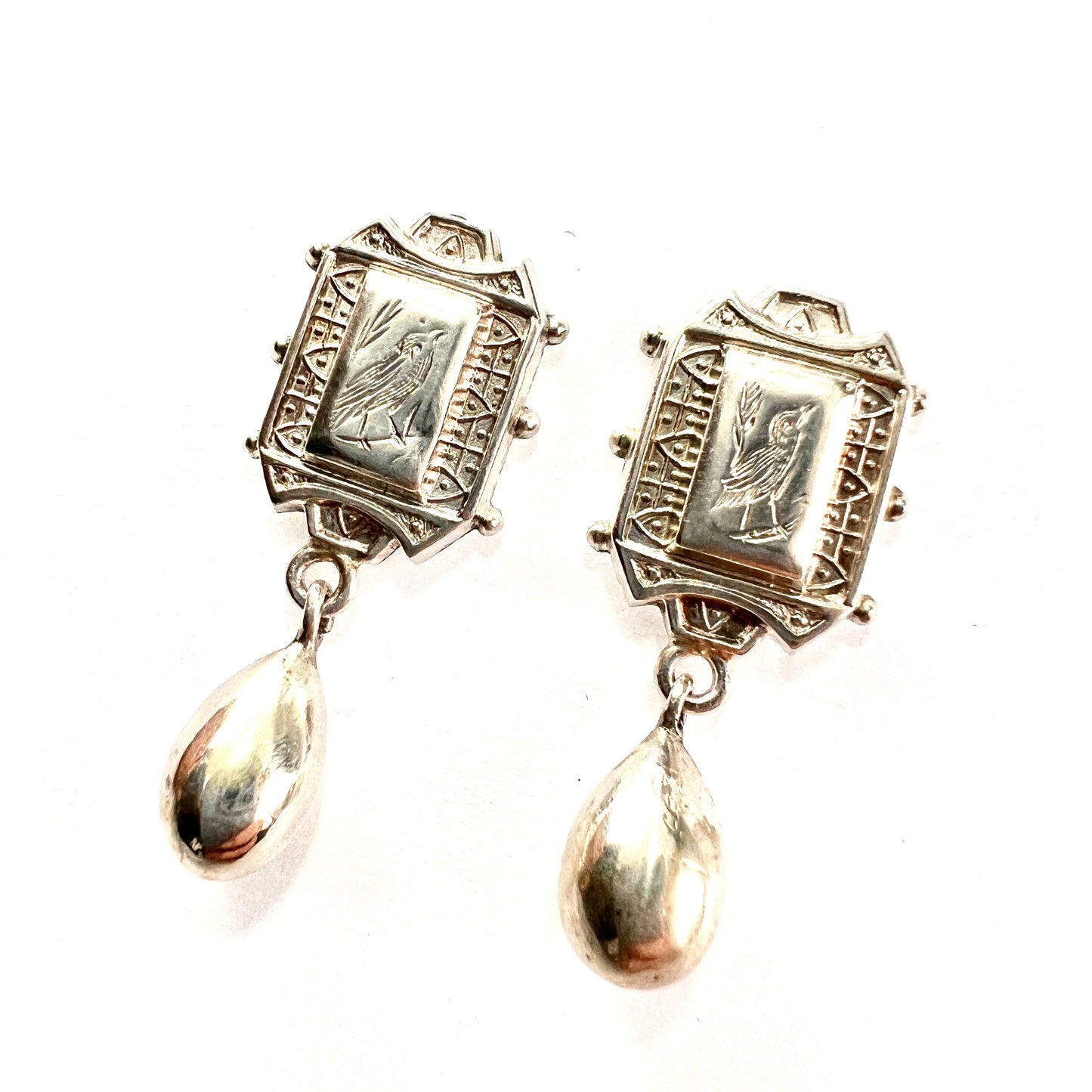 Rare Victorian Aesthetic Period Silver Bird Earrings with Teardrops