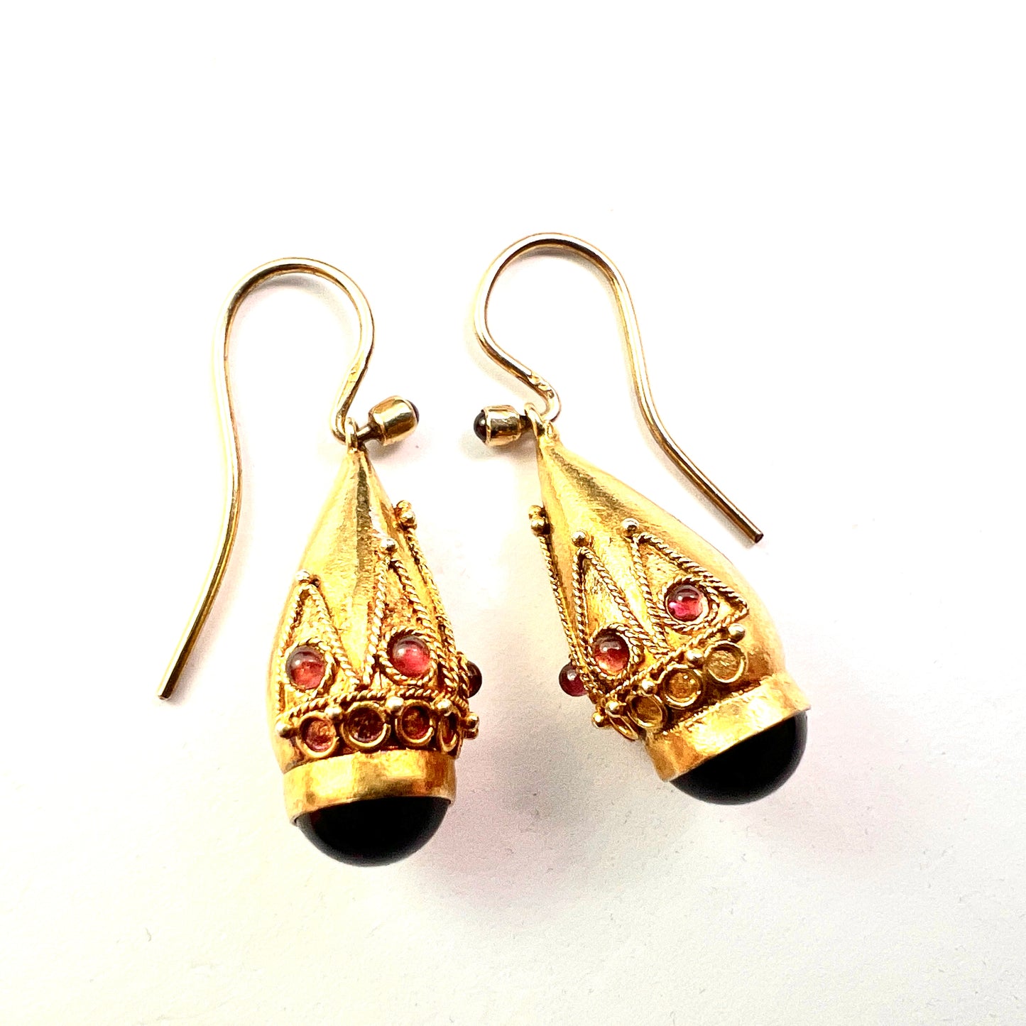 Victorian Garnet Etruscan Golden Teardrop Earrings