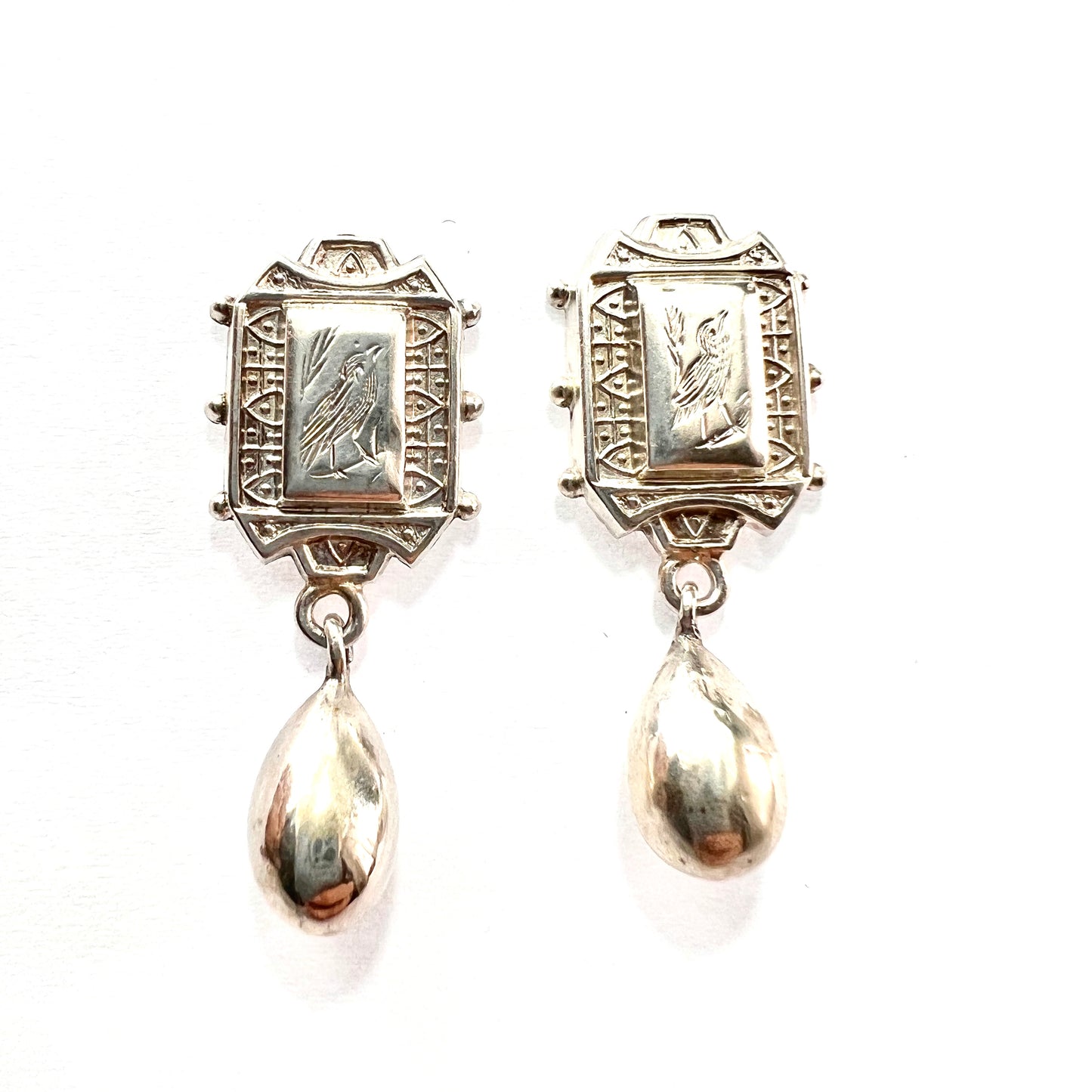 Rare Victorian Aesthetic Period Silver Bird Earrings with Teardrops
