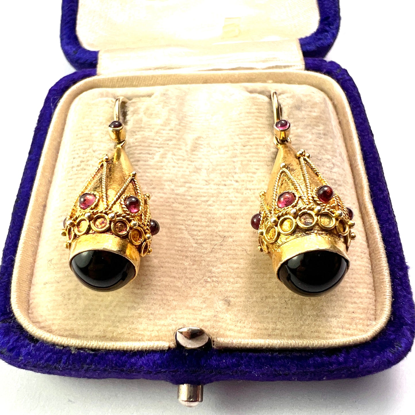 Victorian Garnet Etruscan Golden Teardrop Earrings