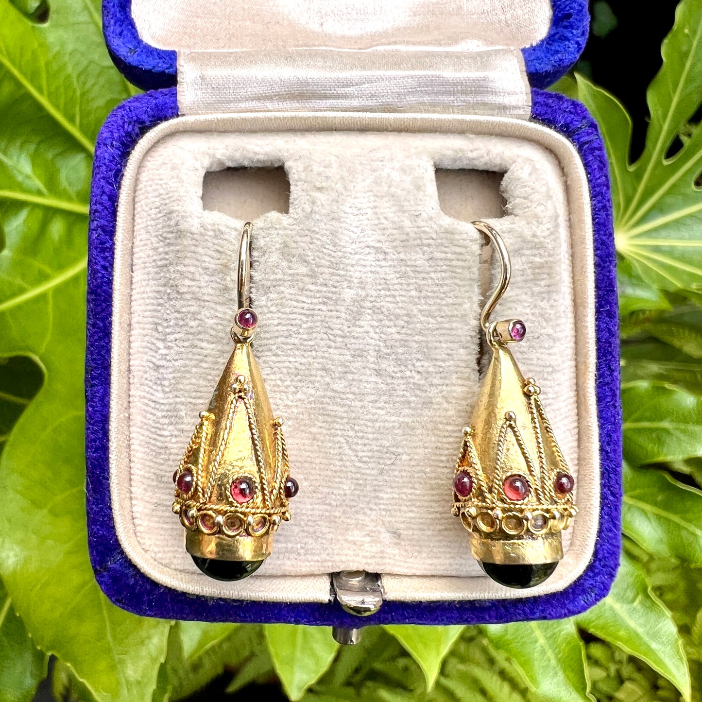 Victorian Garnet Etruscan Golden Teardrop Earrings