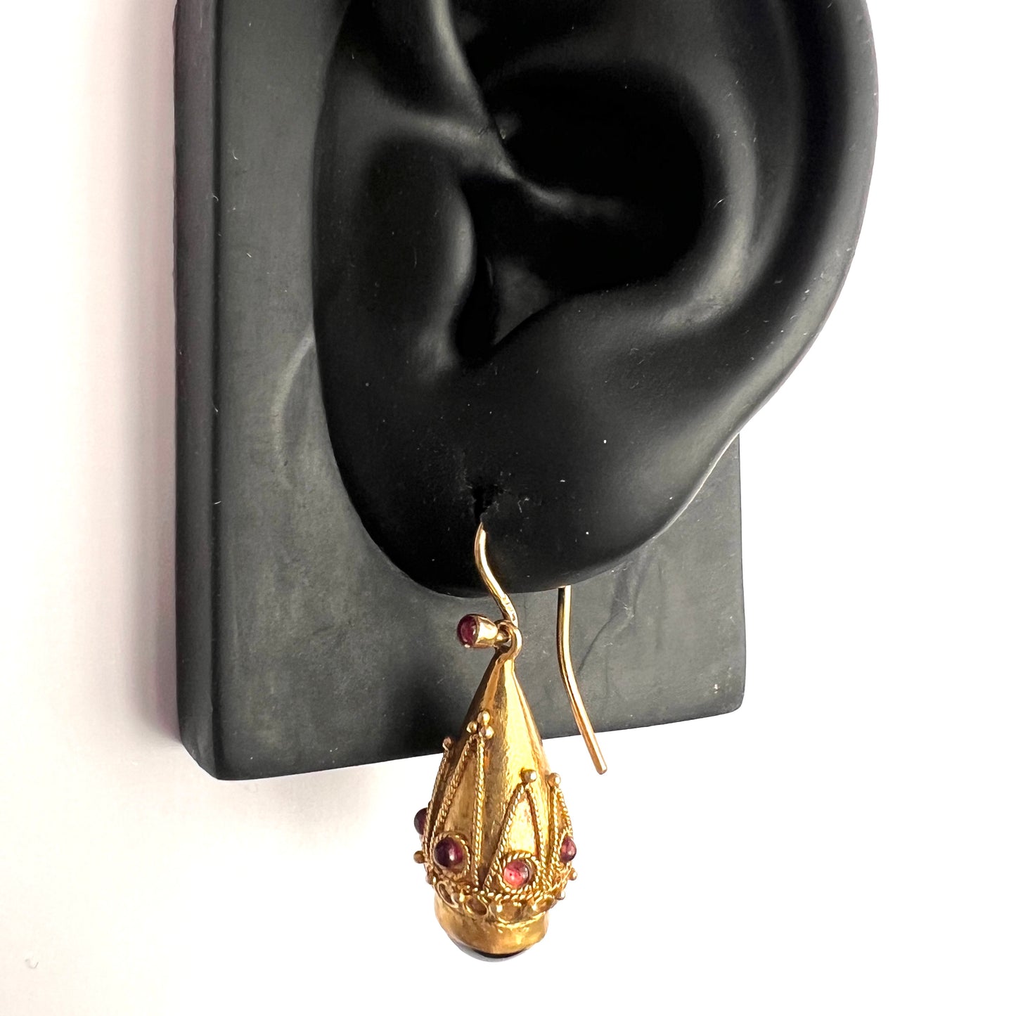 Victorian Garnet Etruscan Golden Teardrop Earrings