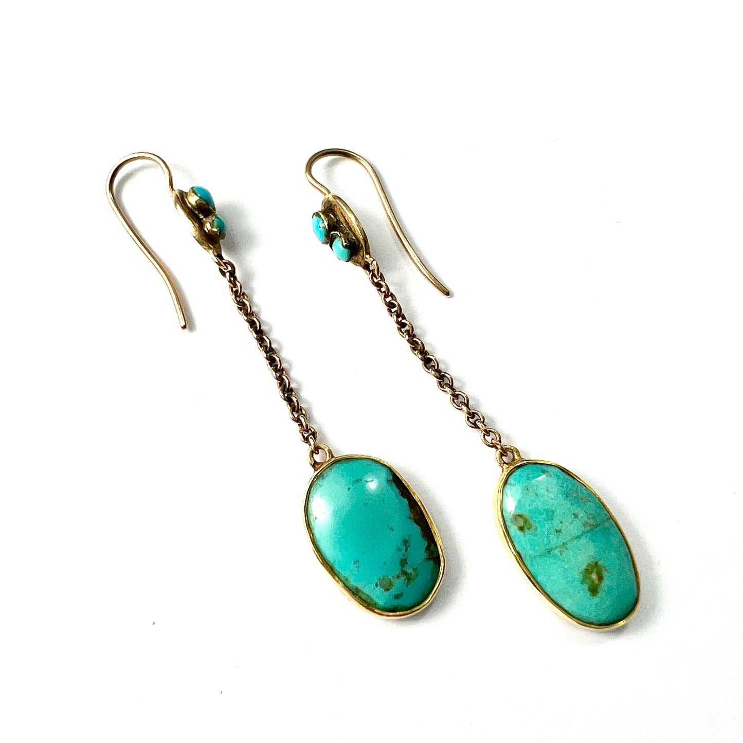 Edwardian Art Nouveau Turquoise 9CT Gold Chain Drop Earrings