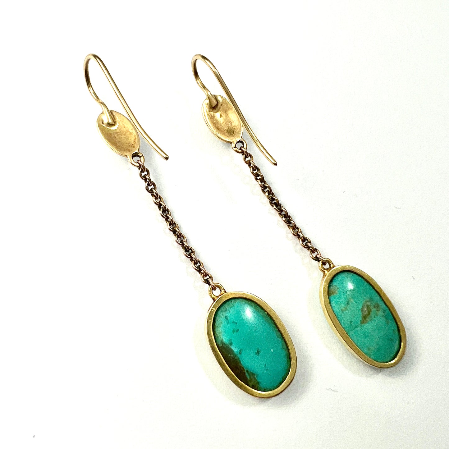 Edwardian Art Nouveau Turquoise 9CT Gold Chain Drop Earrings