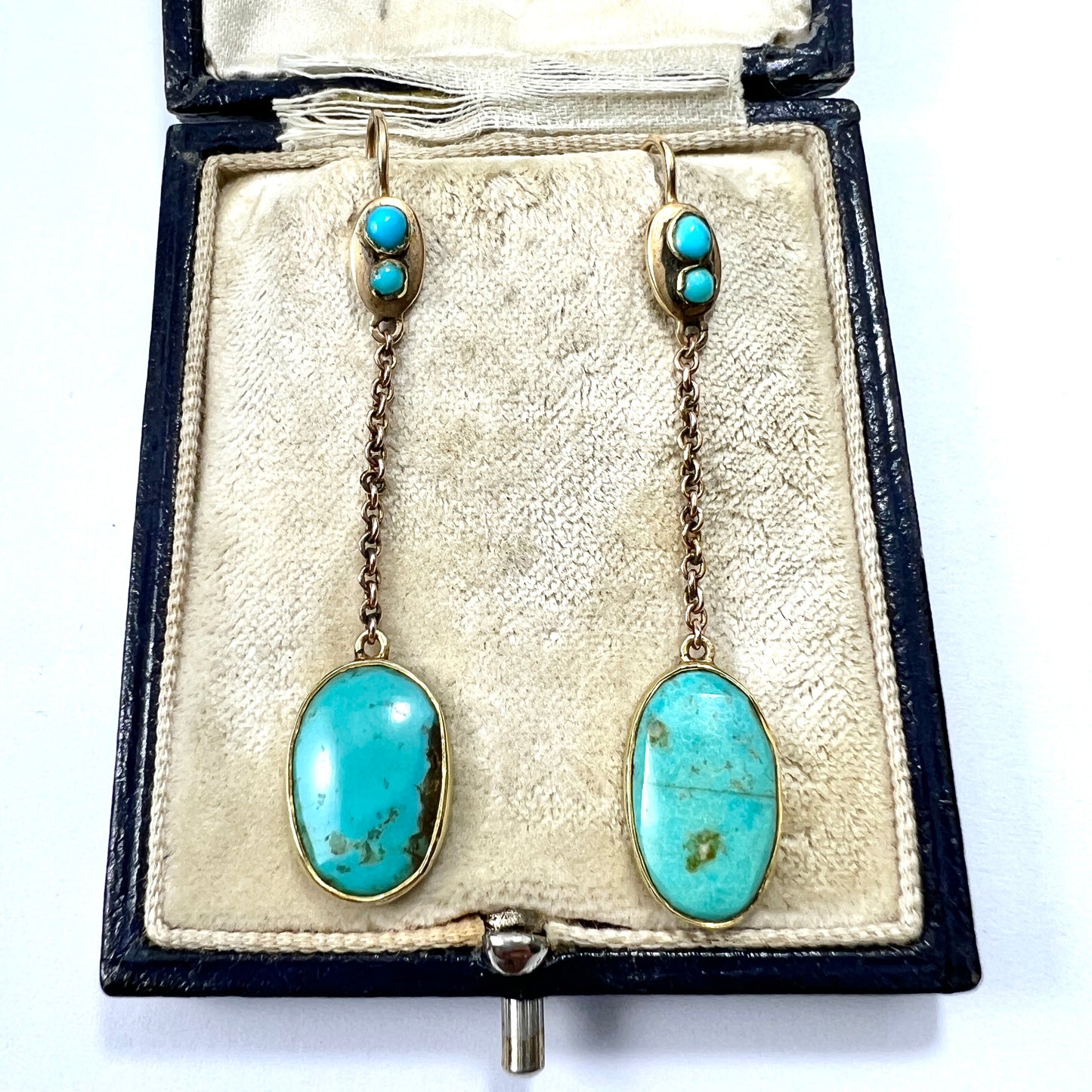 Edwardian Art Nouveau Turquoise 9CT Gold Chain Drop Earrings